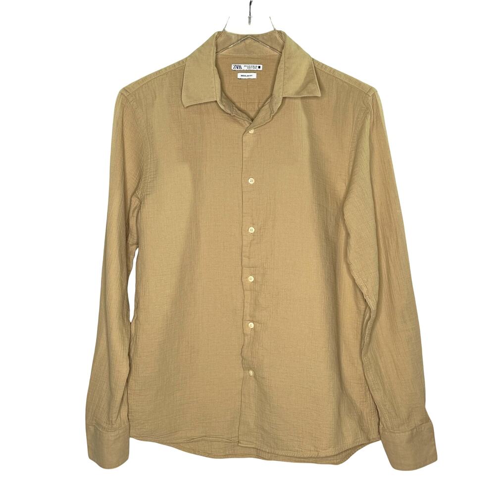 Zara Easy Care Textured Shirt Tan M Regular Tan Long Sleeve Collared 100% Cotton